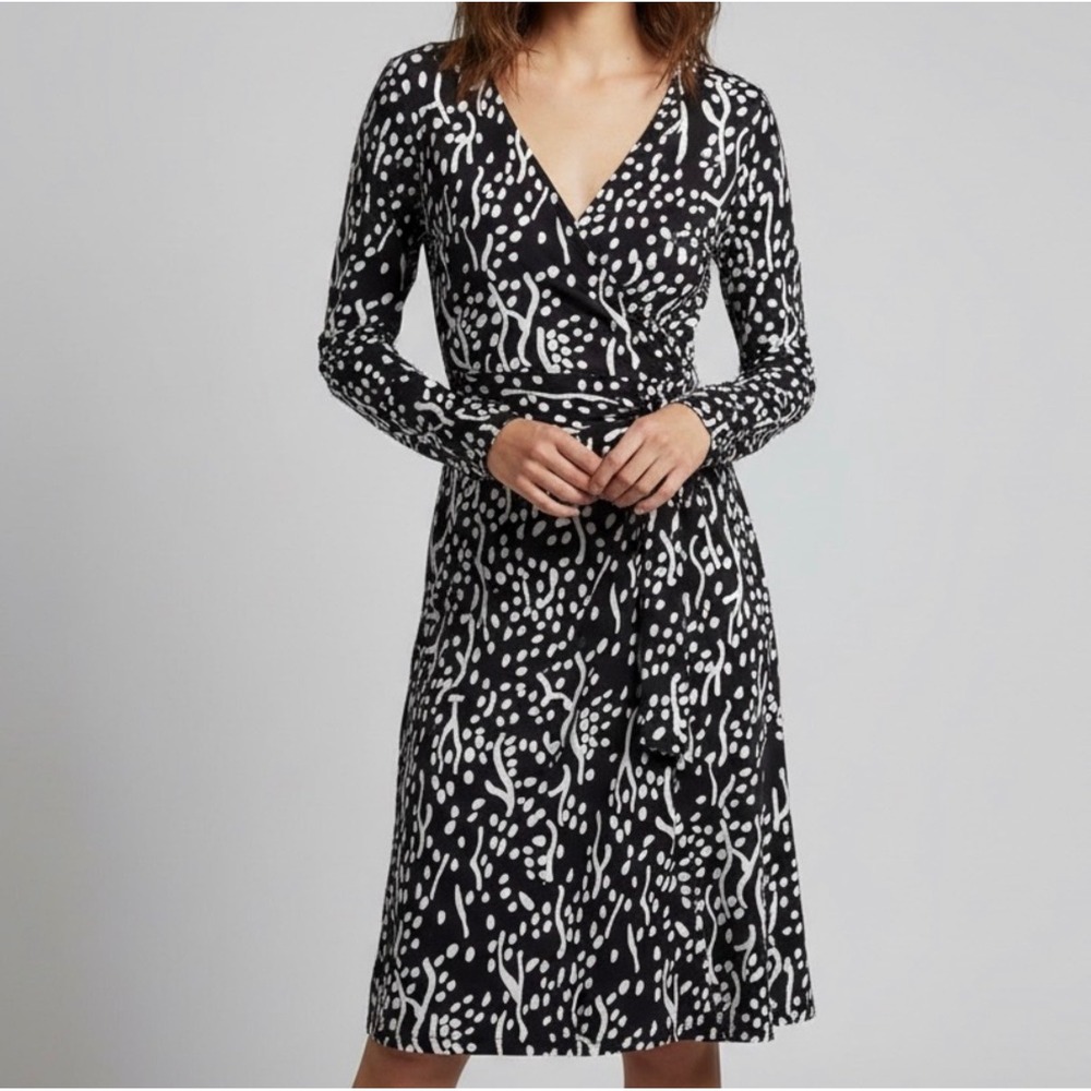 Diane von Furstenberg DVF Black White Abstract Wrap Dress XS Cotton Lyocell